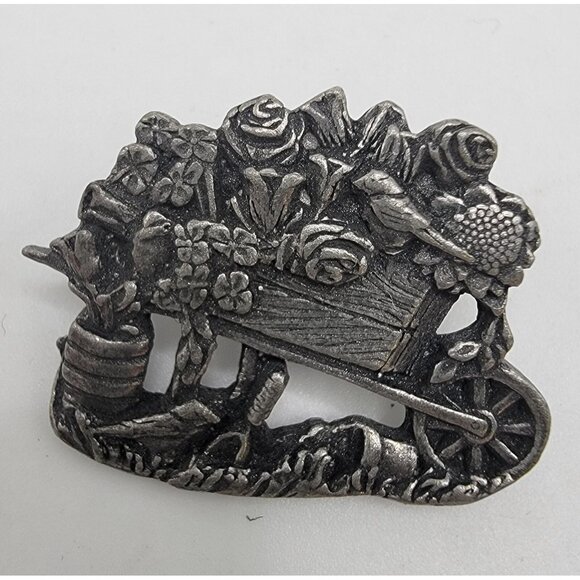 Birds and Blooms Limited‎ Edition 2001 Pewter Flowers Wheelbarrow Brooch Pin - Picture 1 of 2